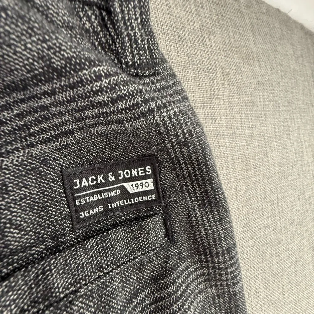 Mens Jack & Jones Plaid Pants Gray Black White Side Stripe Trousers 32x34 casual